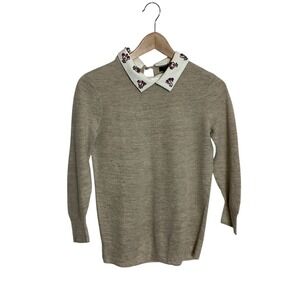 J Crew XS Convertible Jewel Peter Pan Collar Linen Blend Sweater Preppy Classic